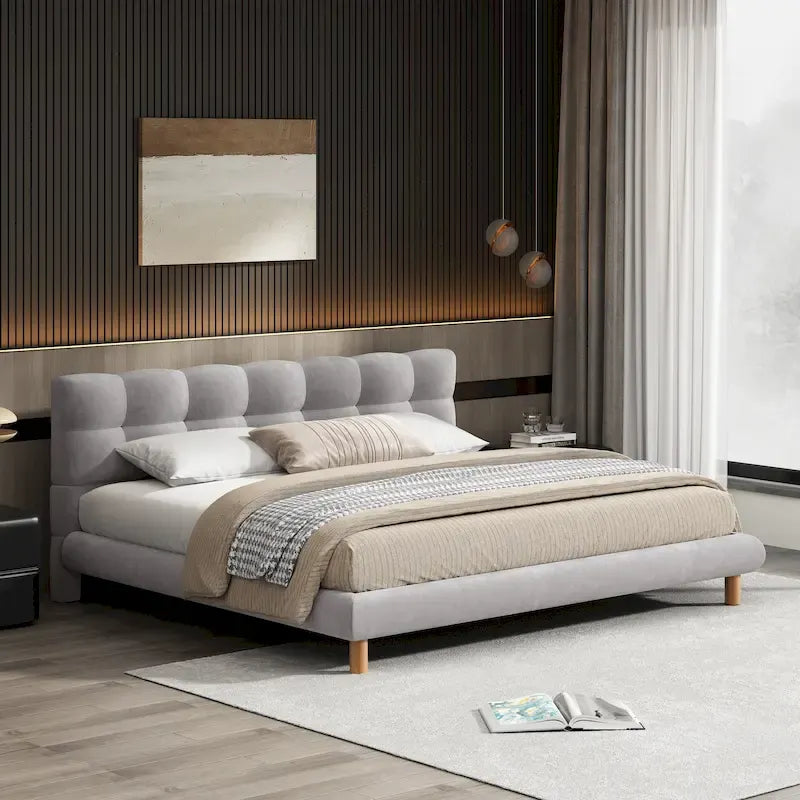 King Size Grey Chenille Upholstered Platform Bed with 12-Slat Support