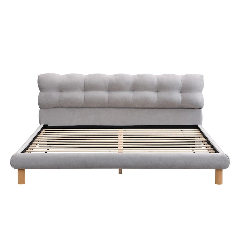 King Size Grey Chenille Upholstered Platform Bed with 12-Slat Support