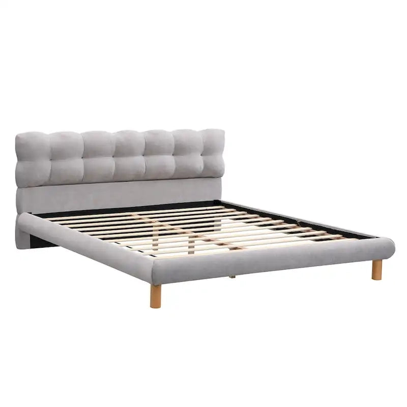 King Size Grey Chenille Upholstered Platform Bed with 12-Slat Support