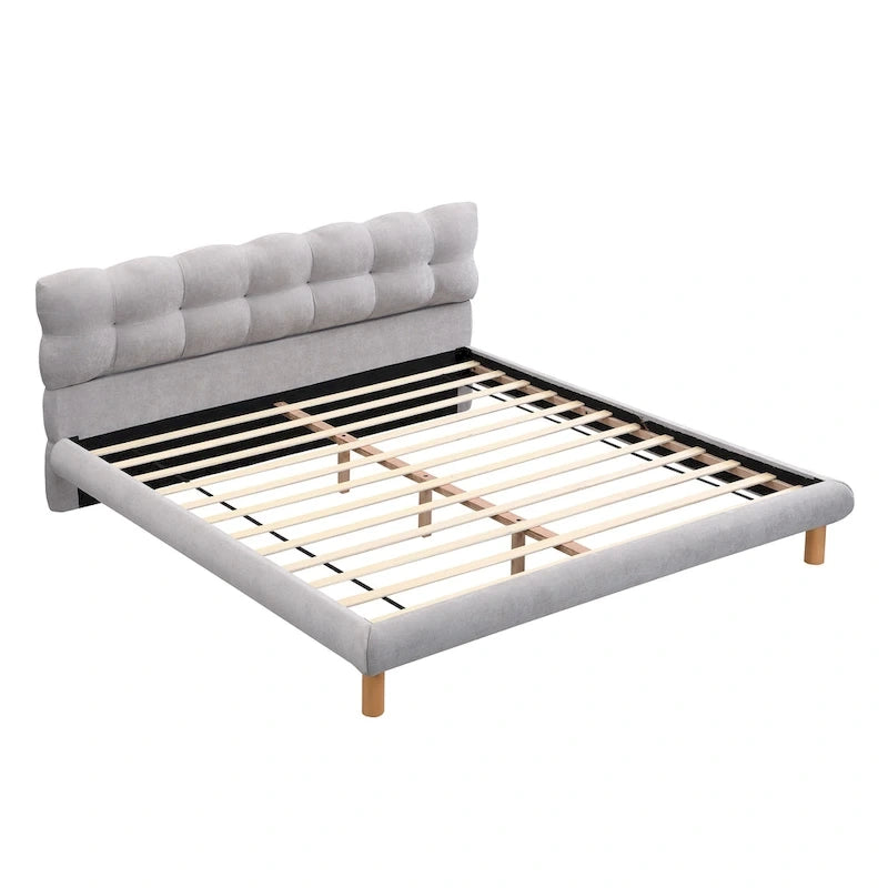 King Size Grey Chenille Upholstered Platform Bed with 12-Slat Support