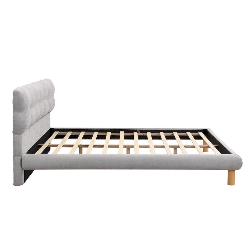 King Size Grey Chenille Upholstered Platform Bed with 12-Slat Support