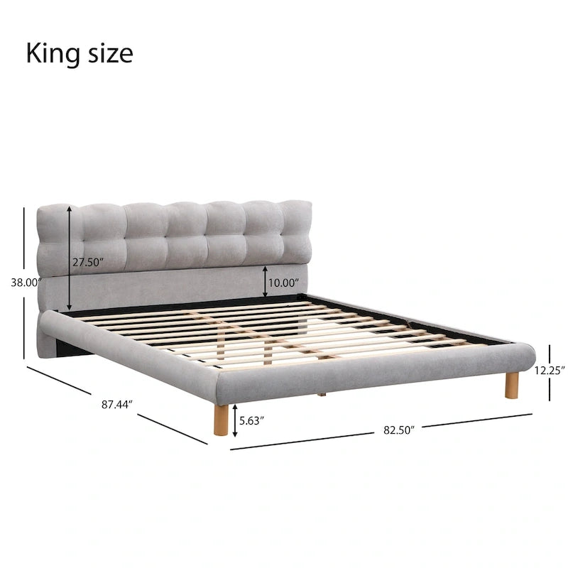 King Size Grey Chenille Upholstered Platform Bed with 12-Slat Support