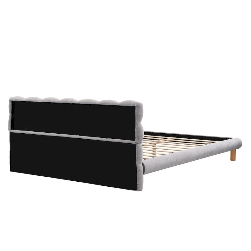 King Size Grey Chenille Upholstered Platform Bed with 12-Slat Support