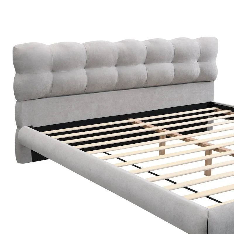 King Size Grey Chenille Upholstered Platform Bed with 12-Slat Support