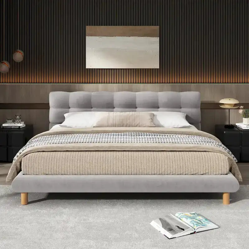 King Size Grey Chenille Upholstered Platform Bed with 12-Slat Support