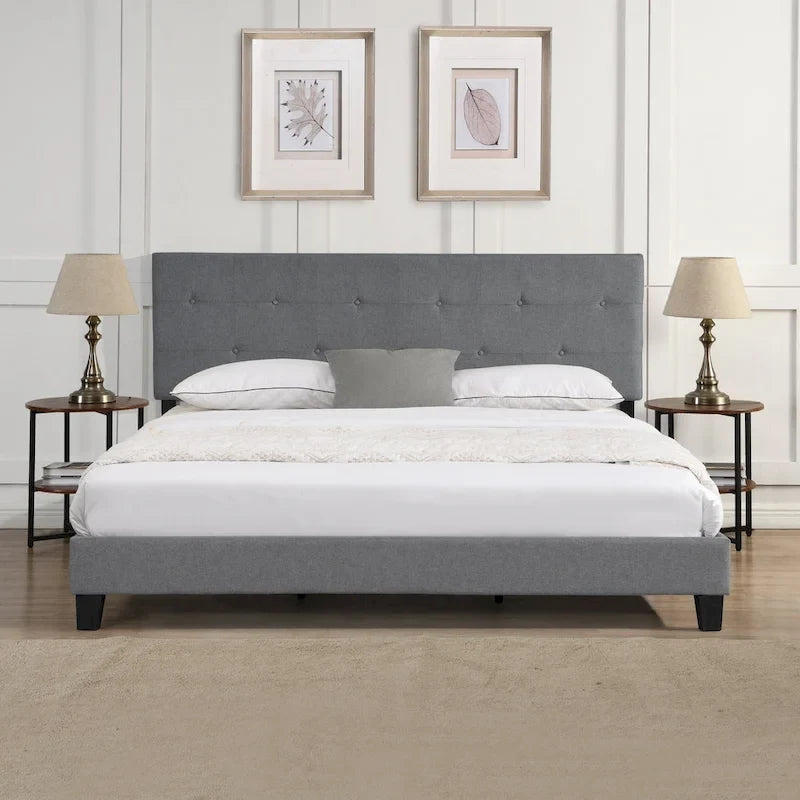 Grey King Linen Upholstered Platform Bed with Tufted Headboard, Strong Wood Slat Support - No Box Spring Needed
