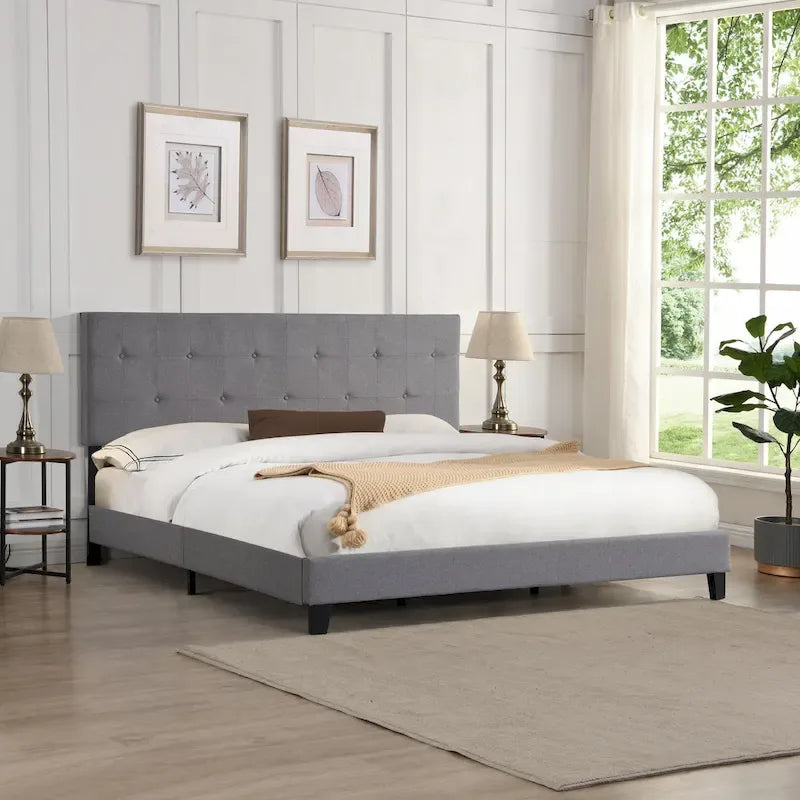 Gray King Linen Upholstered Platform Bed with Tufted Headboard