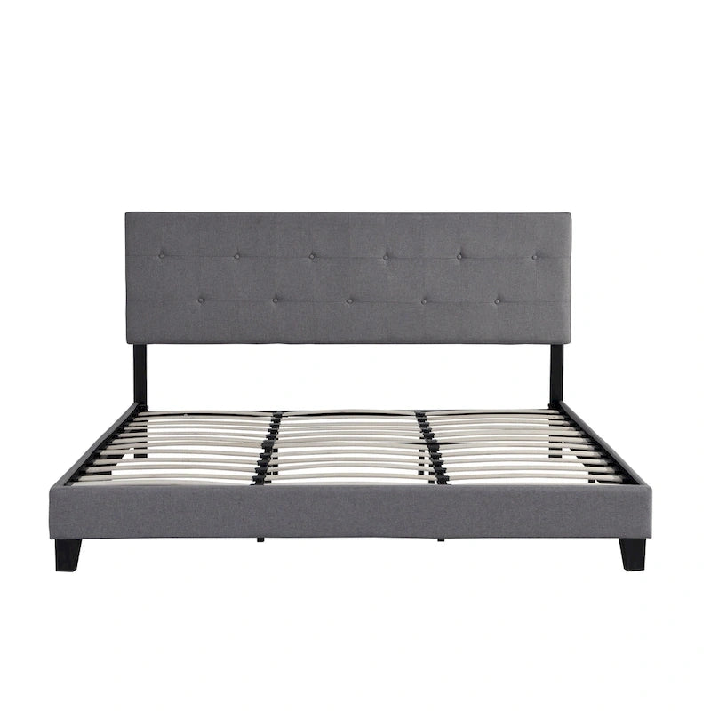 Gray King Linen Upholstered Platform Bed with Tufted Headboard