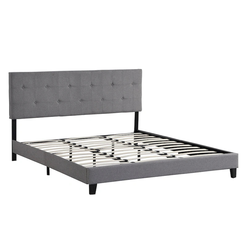 Gray King Linen Upholstered Platform Bed with Tufted Headboard