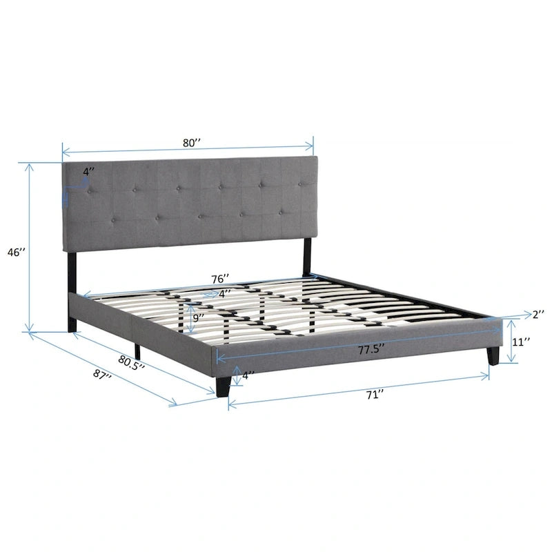 Gray King Linen Upholstered Platform Bed with Tufted Headboard