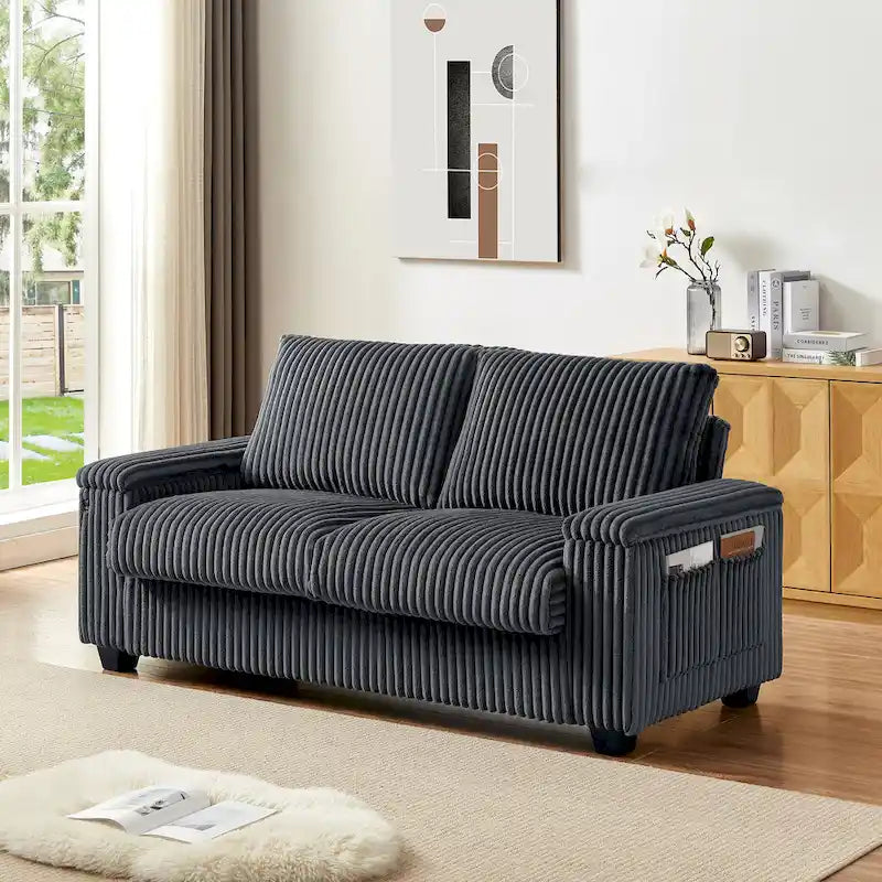 Dark Grey Corduroy Loveseat with Armrest Storage and USB Port