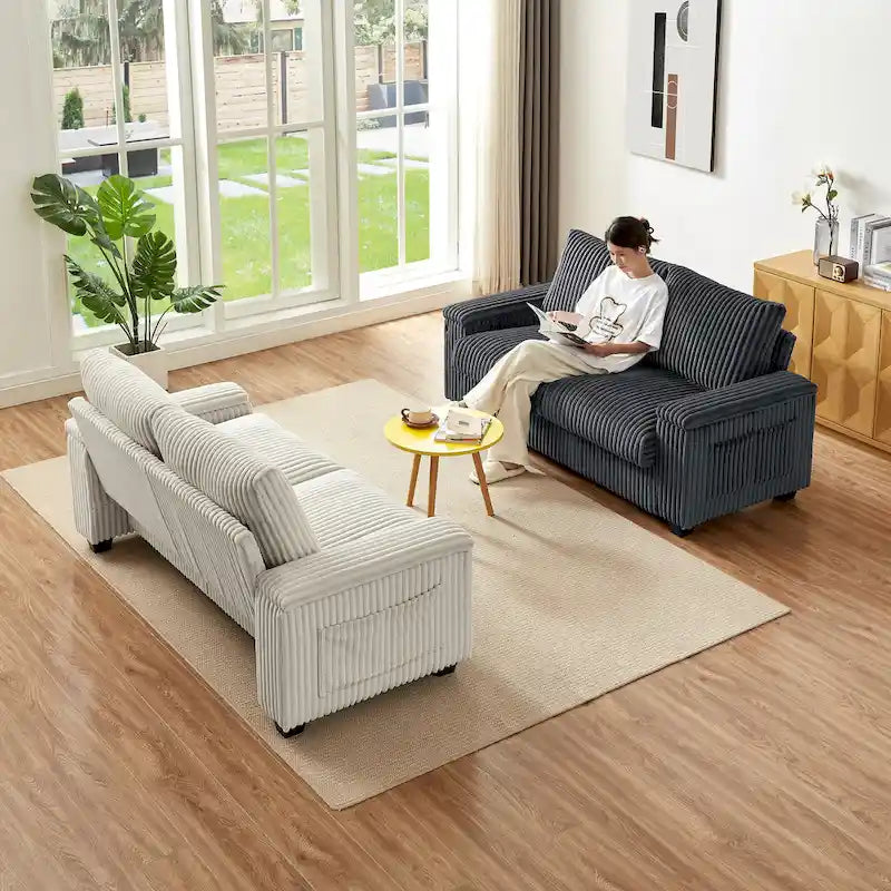 Dark Grey Corduroy Loveseat with Armrest Storage and USB Port