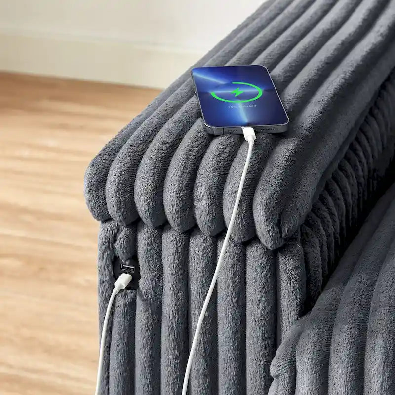 Dark Grey Corduroy Loveseat with Armrest Storage and USB Port