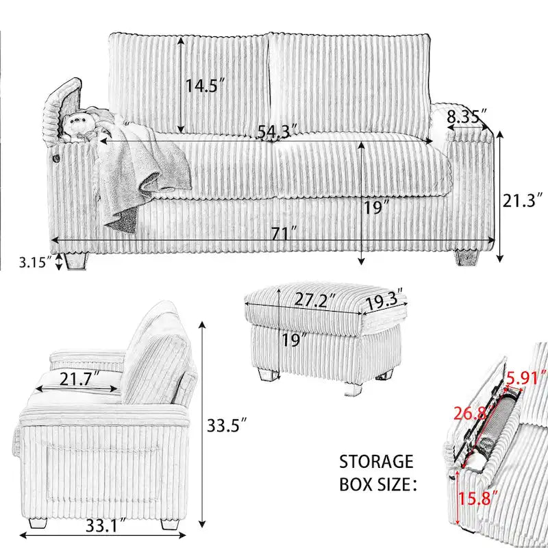 Dark Grey Corduroy Loveseat with Armrest Storage and USB Port