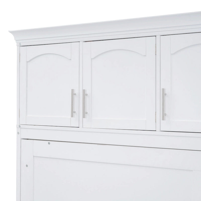 White Full-Size Folding Wall Bed with Top Cabinets