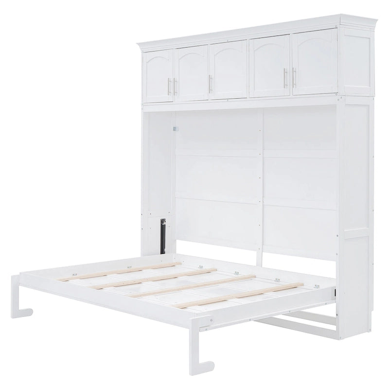 White Full-Size Folding Wall Bed with Top Cabinets