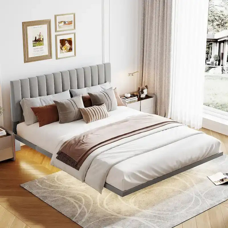 Queen Velvet Upholstered Floating Platform Bed with Motion Sensor Light