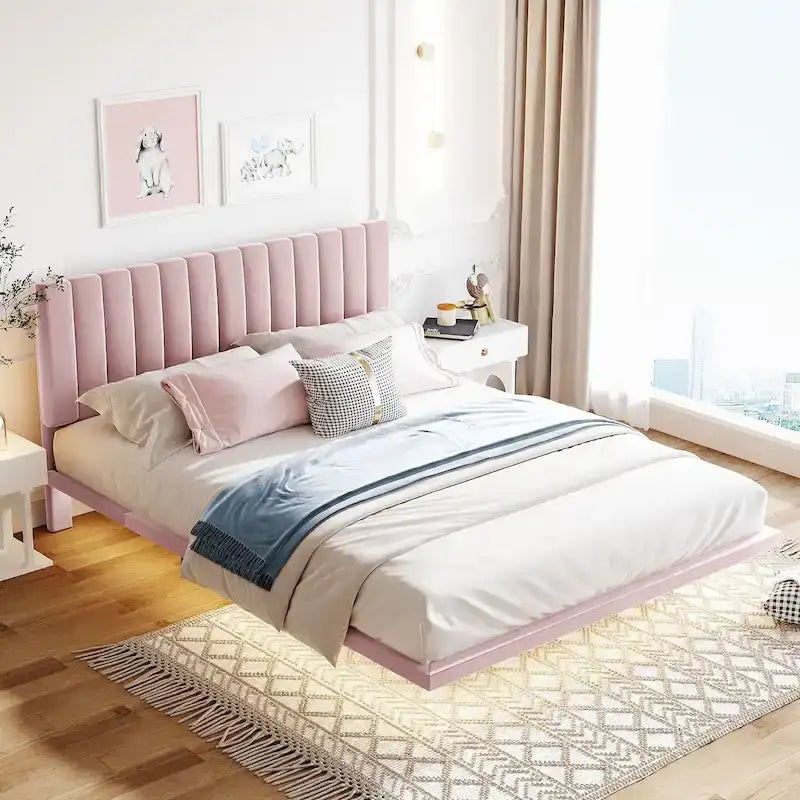 Queen Velvet Upholstered Floating Platform Bed with Motion Sensor Light