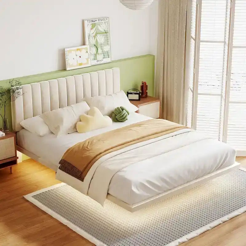 Queen Velvet Upholstered Floating Platform Bed with Motion Sensor Light