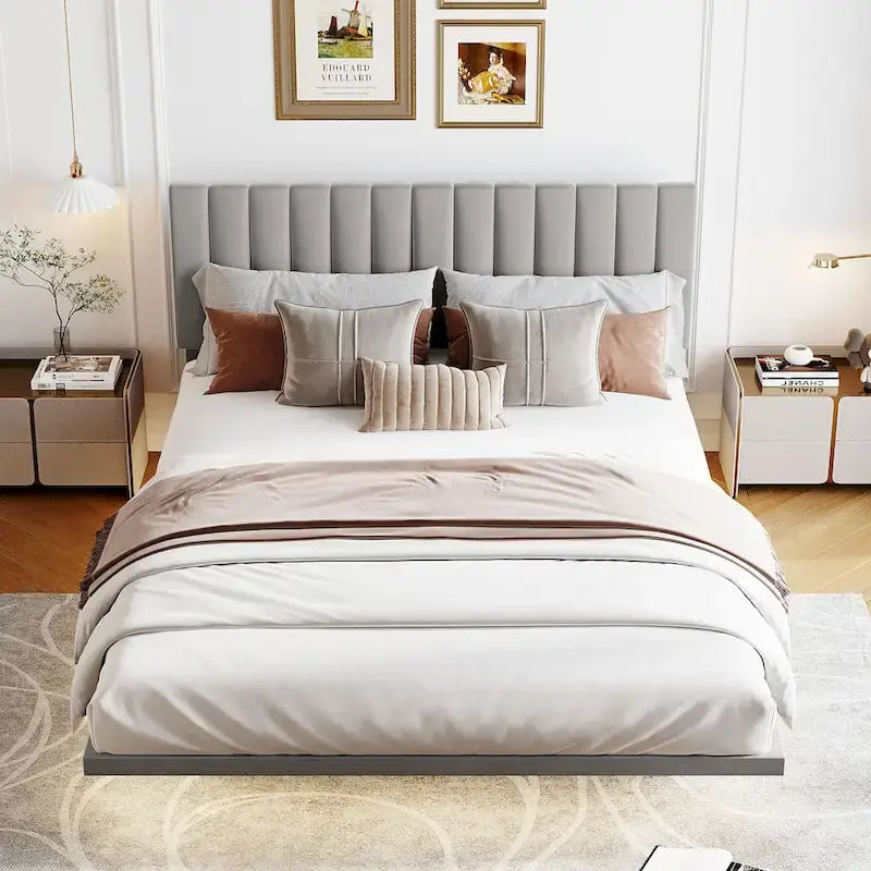Queen Velvet Upholstered Floating Platform Bed with Motion Sensor Light