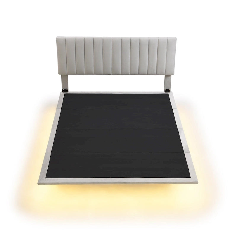 Queen Velvet Upholstered Floating Platform Bed with Motion Sensor Light