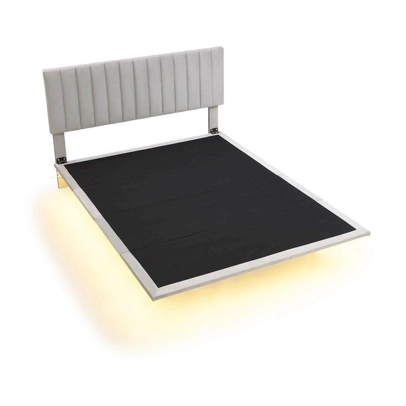 Queen Velvet Upholstered Floating Platform Bed with Motion Sensor Light