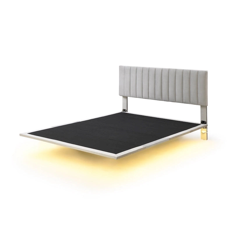 Queen Velvet Upholstered Floating Platform Bed with Motion Sensor Light
