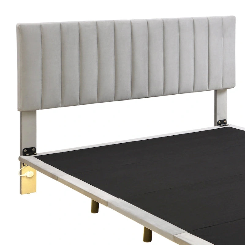 Queen Velvet Upholstered Floating Platform Bed with Motion Sensor Light