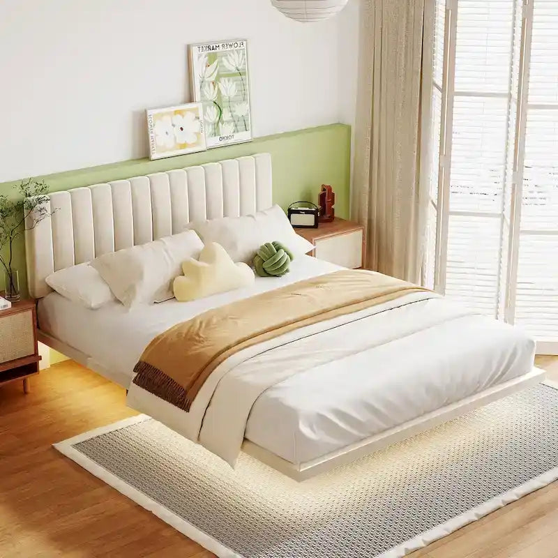 Queen Velvet Upholstered Floating Platform Bed with Motion Sensor Light