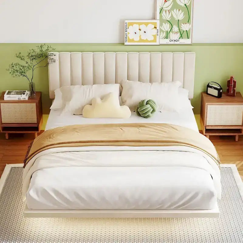 Queen Velvet Upholstered Floating Platform Bed with Motion Sensor Light