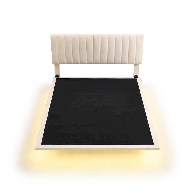 Queen Velvet Upholstered Floating Platform Bed with Motion Sensor Light