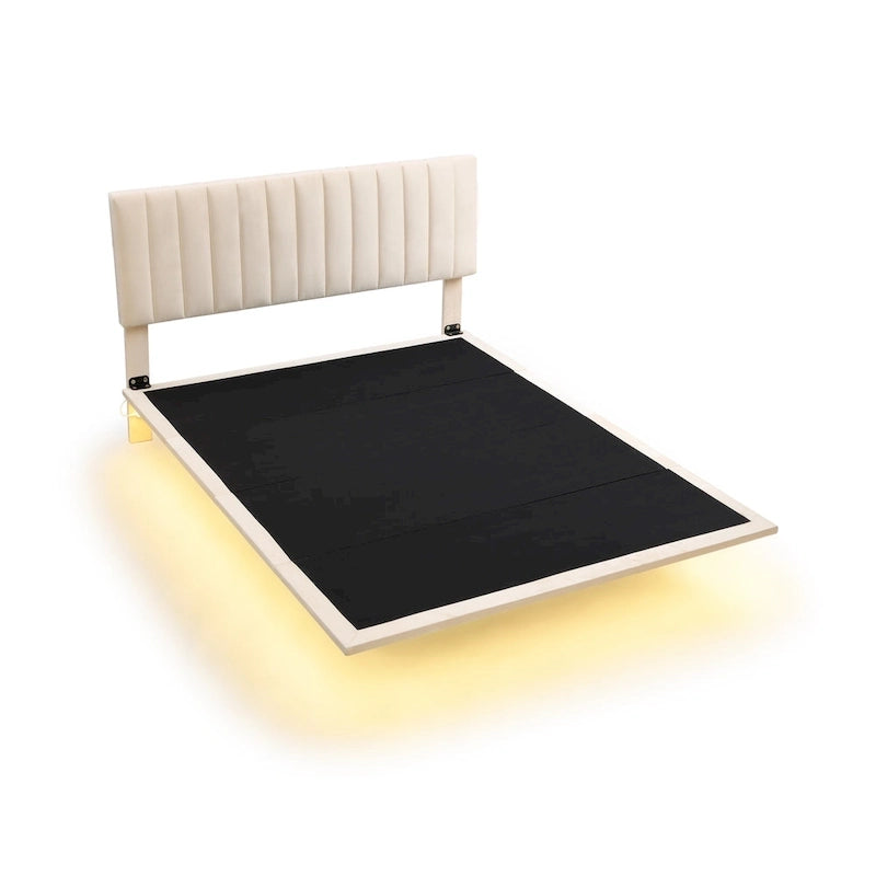 Queen Velvet Upholstered Floating Platform Bed with Motion Sensor Light