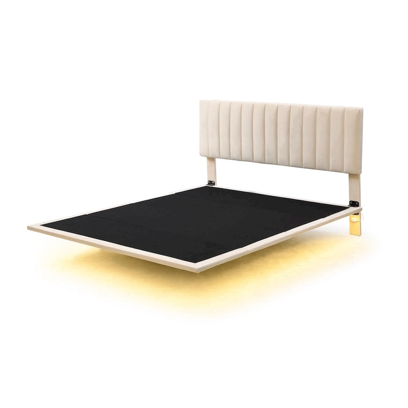 Queen Velvet Upholstered Floating Platform Bed with Motion Sensor Light