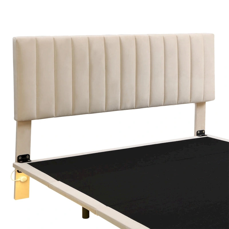 Queen Velvet Upholstered Floating Platform Bed with Motion Sensor Light