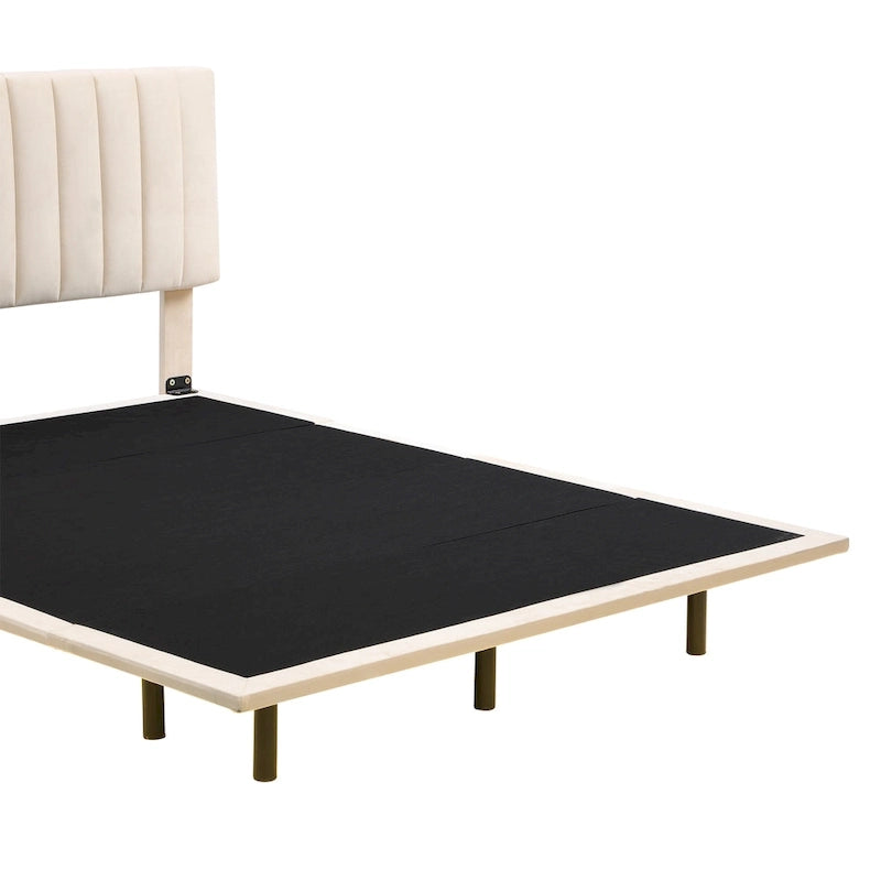 Queen Velvet Upholstered Floating Platform Bed with Motion Sensor Light