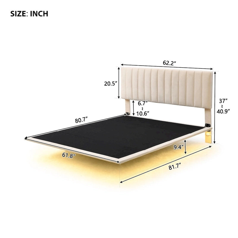 Queen Velvet Upholstered Floating Platform Bed with Motion Sensor Light