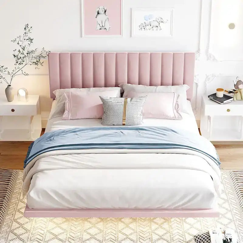Queen Velvet Upholstered Floating Platform Bed with Motion Sensor Light