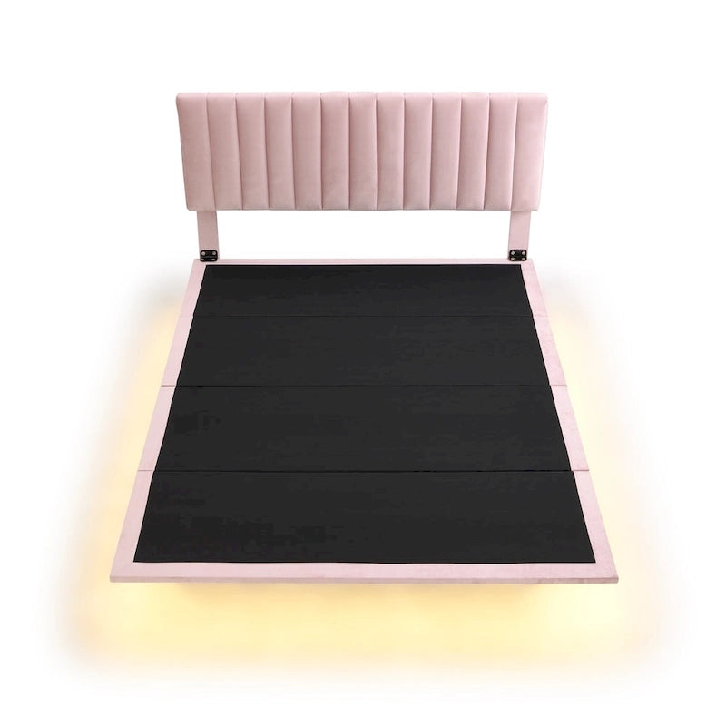 Queen Velvet Upholstered Floating Platform Bed with Motion Sensor Light