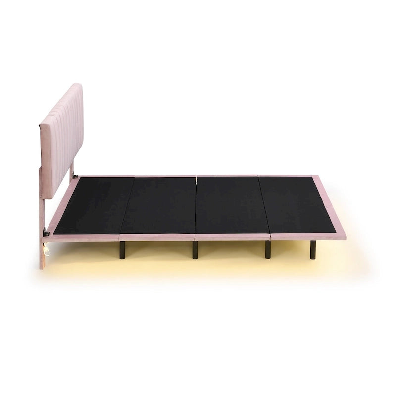 Queen Velvet Upholstered Floating Platform Bed with Motion Sensor Light
