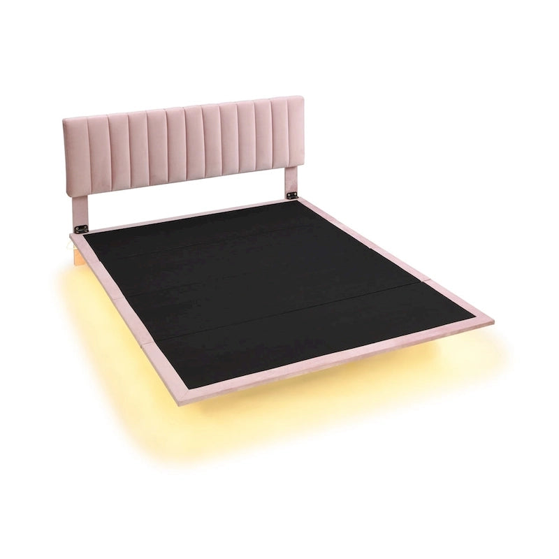 Queen Velvet Upholstered Floating Platform Bed with Motion Sensor Light