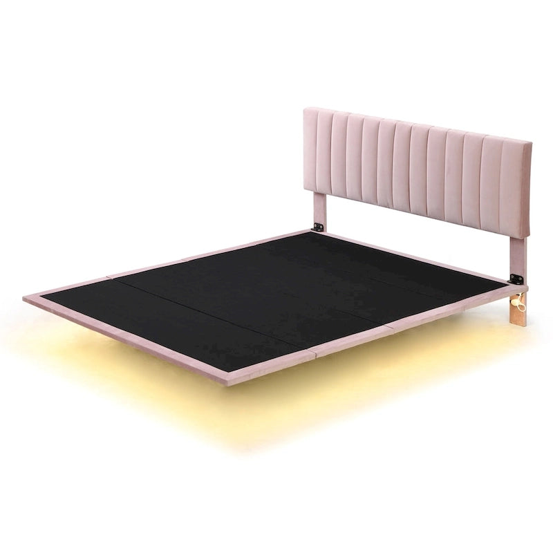 Queen Velvet Upholstered Floating Platform Bed with Motion Sensor Light