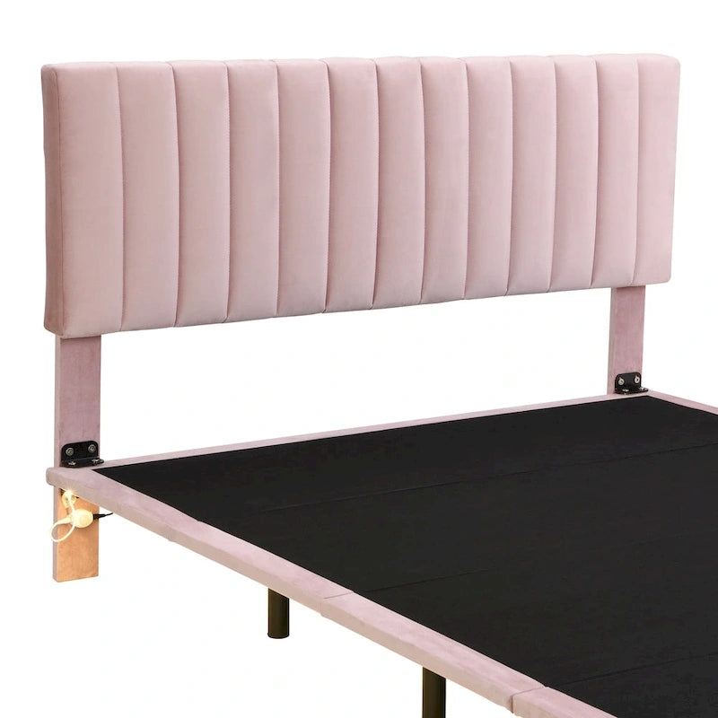 Queen Velvet Upholstered Floating Platform Bed with Motion Sensor Light