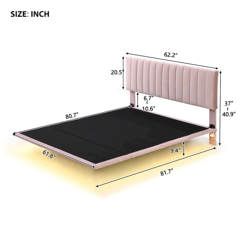 Queen Velvet Upholstered Floating Platform Bed with Motion Sensor Light