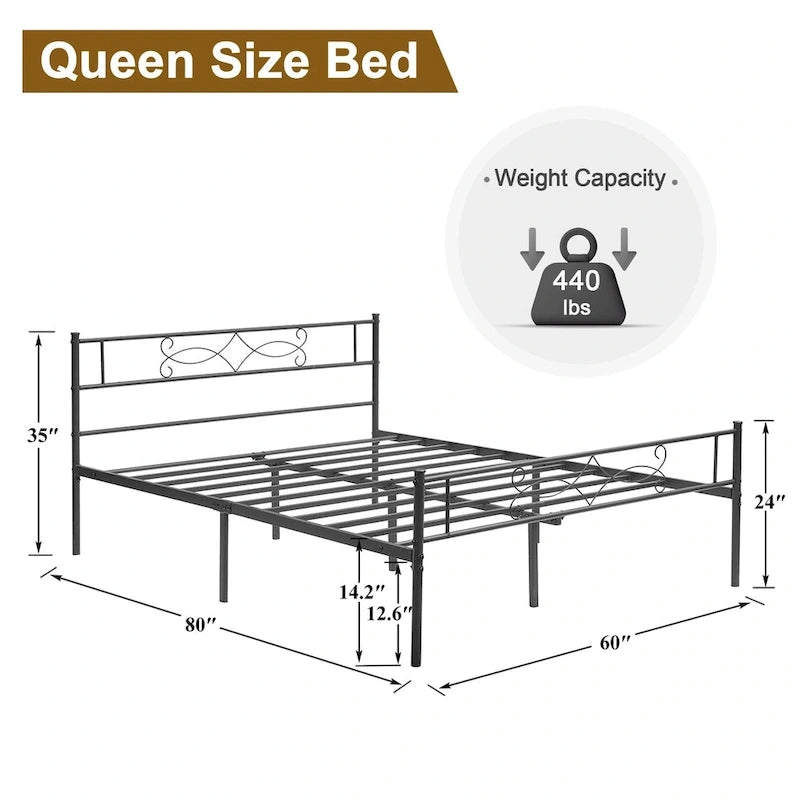 Metal Platform Bed Frame with Headboard & Footboard - Twin, Full, Queen