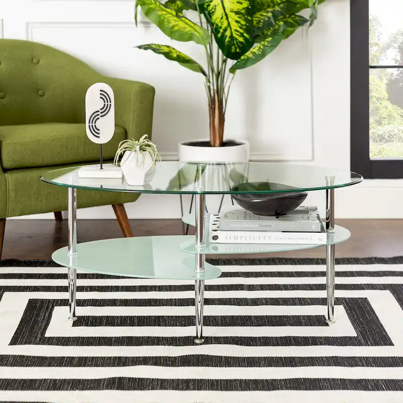 38-Inch Modern Oval Glass Coffee Table with Frosted Shelves