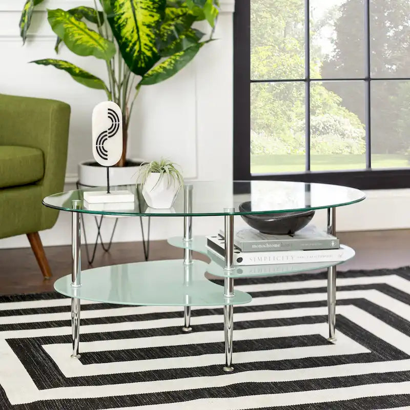 38-Inch Modern Oval Glass Coffee Table with Frosted Shelves