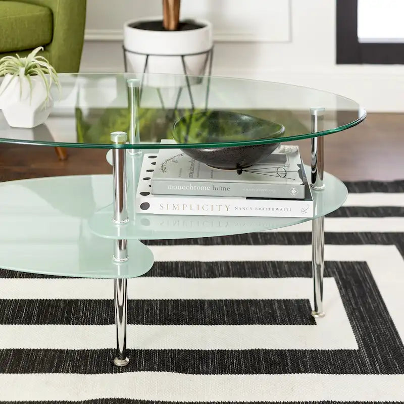 38-Inch Modern Oval Glass Coffee Table with Frosted Shelves