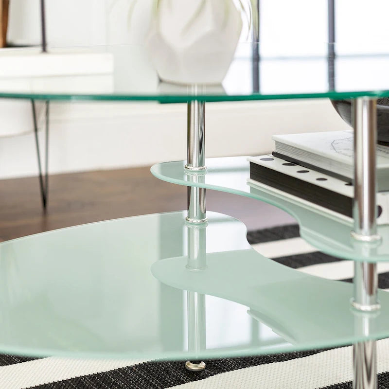 38-Inch Modern Oval Glass Coffee Table with Frosted Shelves
