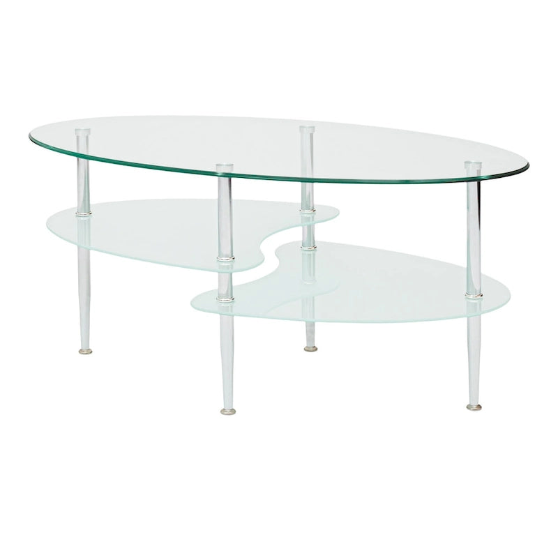 38-Inch Modern Oval Glass Coffee Table with Frosted Shelves