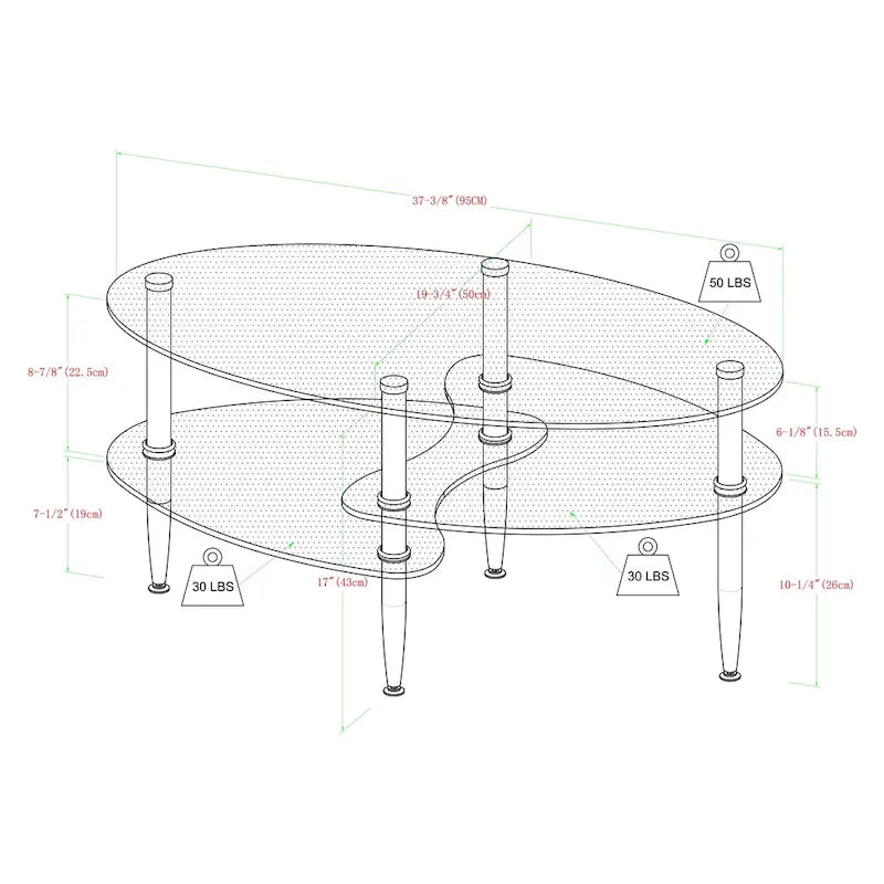 38-Inch Modern Oval Glass Coffee Table with Frosted Shelves